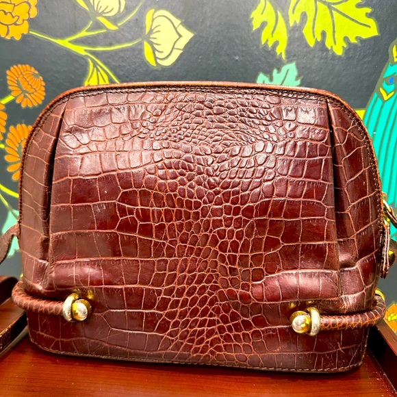 Bally Vintage Croc-Embossed Brown Leather Shoulder Bag with Brass